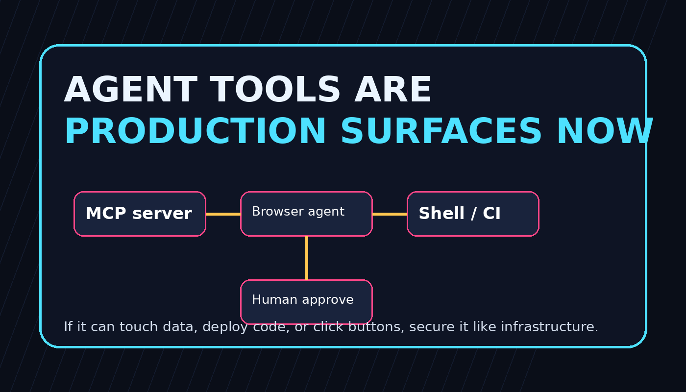 Diagram showing MCP server, browser agent, shell CI, and human approval as connected AI agent production attack surfaces