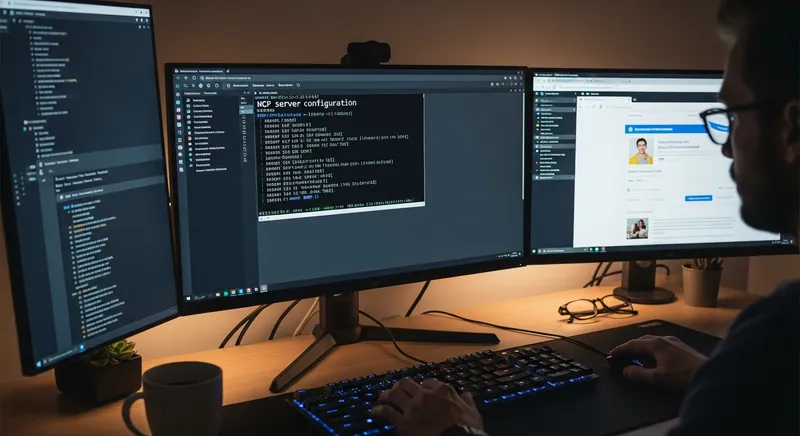 Developer workspace with multiple screens showing code and content